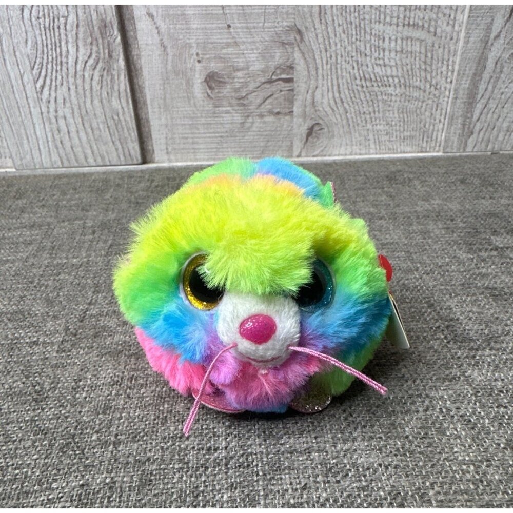 TY Puffies GIZMO Neon Rainbow Cat 2021 Small Stuffed Puff Ball Plush Toy